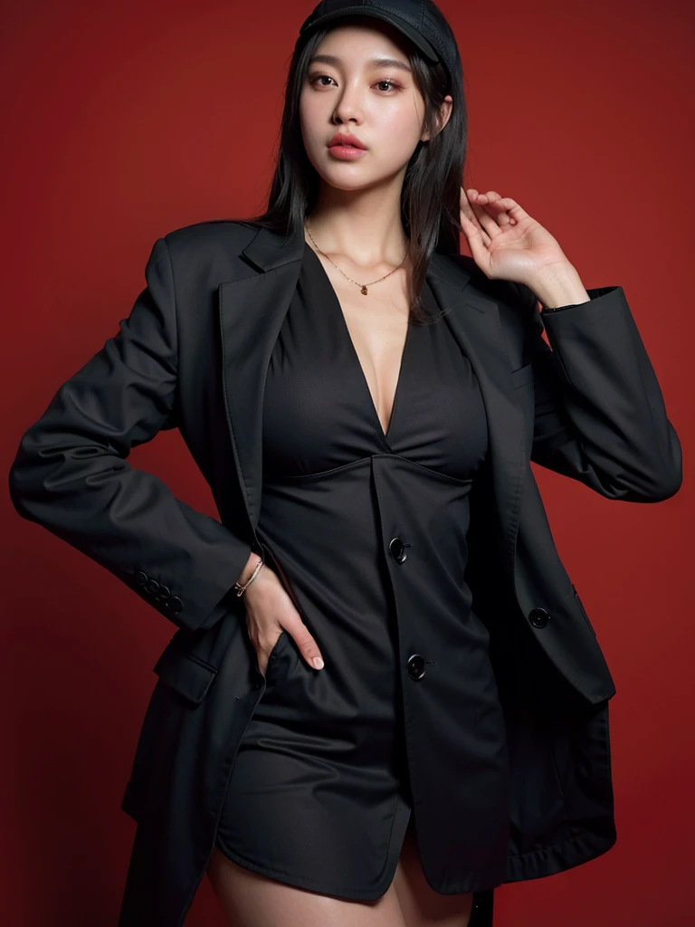 Cool beauty，Looks sweet. Wearing black oversize blazer, deep v, show cleavage, big breast, plump body, big thigh. Black pants. Red background.