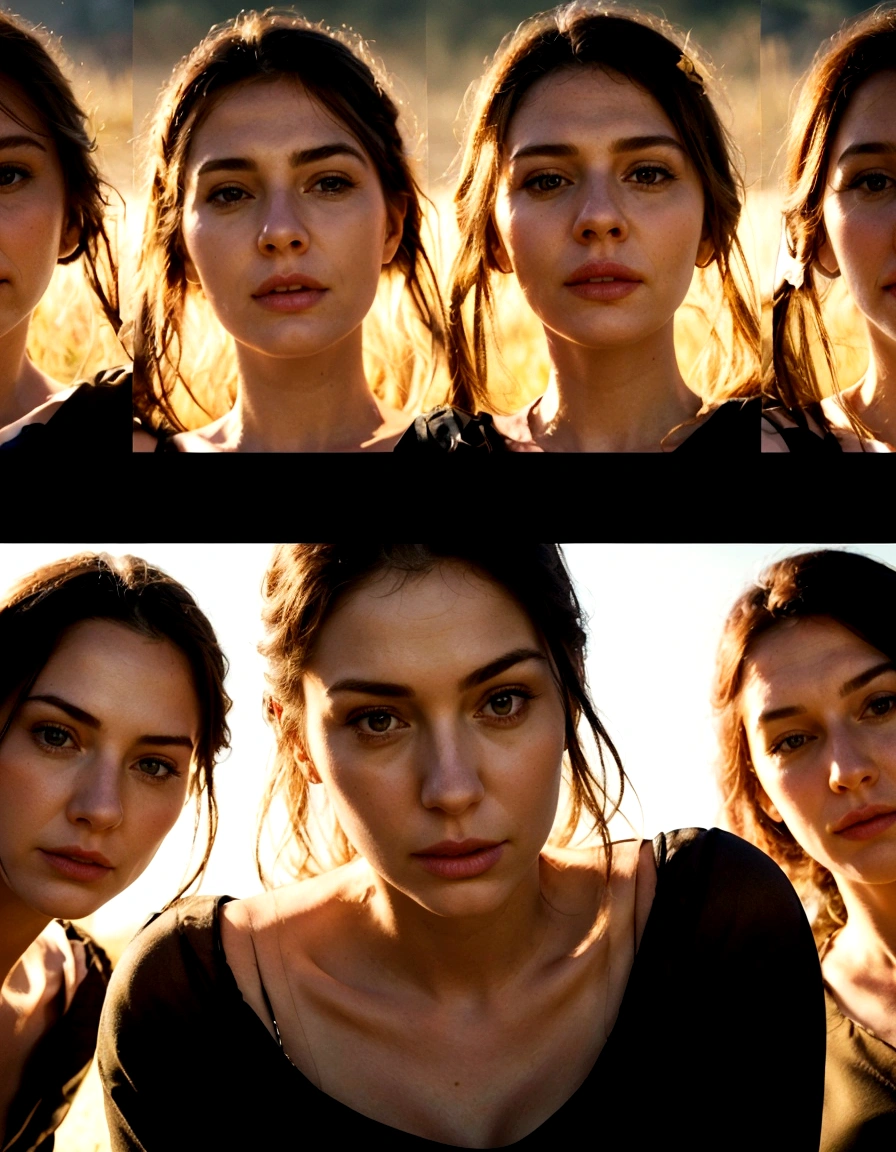 Realistic instagram photo., detailed pretty faces, expressions of contempt. Huge , three german women standing in a field, Soft natural volumetric light, cinematographic, perfect light, low view