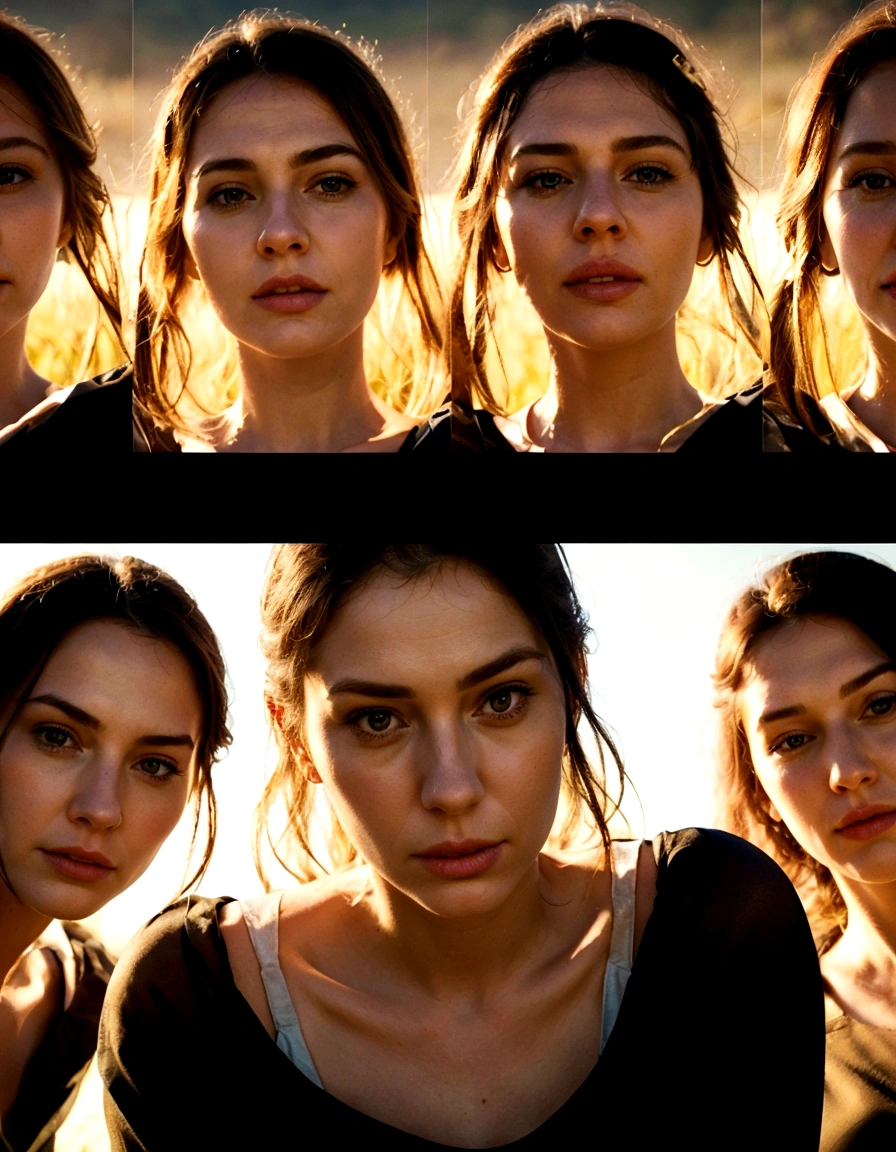 Realistic instagram photo., detailed pretty faces, expressions of contempt. Huge , three german women standing in a field, Soft natural volumetric light, cinematographic, perfect light, low view