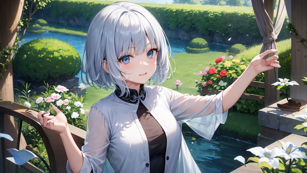 Ultra HD,Look at the viewers, Put your hands behind your back, With a girl, 20-year-old, 非常にShort Hair, Long bangs between the eyes, Pale blue eyes, Very detailed,(masterpiece、Highest quality),Gray Hair、Laughter、Fantastic, Silver Hair, Iris, Short hair、 Fluttering Hair、Small Face、明るいsmile、(Detailed face) ,Professional Lighting,Wonderful landscape,blue sky, sunlight,Looking down from above,Portraiture、Open your mouth、Flower Field、Her eyes were shining、Mysterious and enchanting atmosphere。With AI Painting、とてもShort Hair, Long bangs between the eyes, Very detailed,(masterpiece、Highest quality)、alone、Gray Hair、Fantasy, Silver Hair, Fantasyな風景、White shirt、smile、Open your mouth、short hair、Short Hair、hairpin、black eye、Grey Eyes、Beautiful Eyes、