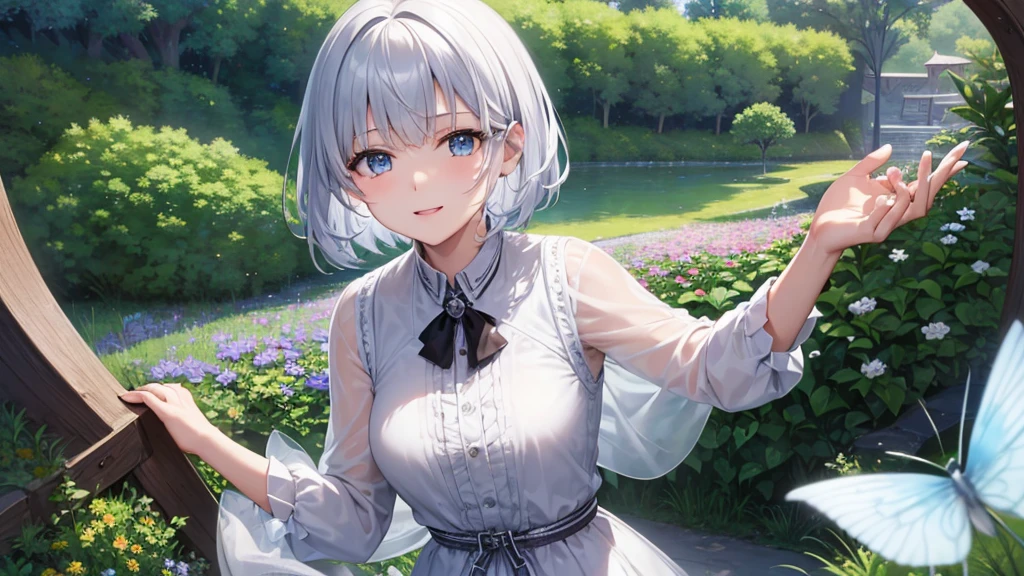 Ultra HD,Look at the viewers, Put your hands behind your back, With a girl, 20-year-old, 非常にShort Hair, Long bangs between the eyes, Pale blue eyes, Very detailed,(masterpiece、Highest quality),Gray Hair、Laughter、Fantastic, Silver Hair, Iris, Short hair、 Fluttering Hair、Small Face、明るいsmile、(Detailed face) ,Professional Lighting,Wonderful landscape,blue sky, sunlight,Looking down from above,Portraiture、Open your mouth、Flower Field、Her eyes were shining、Mysterious and enchanting atmosphere。With AI Painting、とてもShort Hair, Long bangs between the eyes, Very detailed,(masterpiece、Highest quality)、alone、Gray Hair、Fantasy, Silver Hair, Fantasyな風景、White shirt、smile、Open your mouth、short hair、Short Hair、hairpin、black eye、Grey Eyes、Beautiful Eyes、