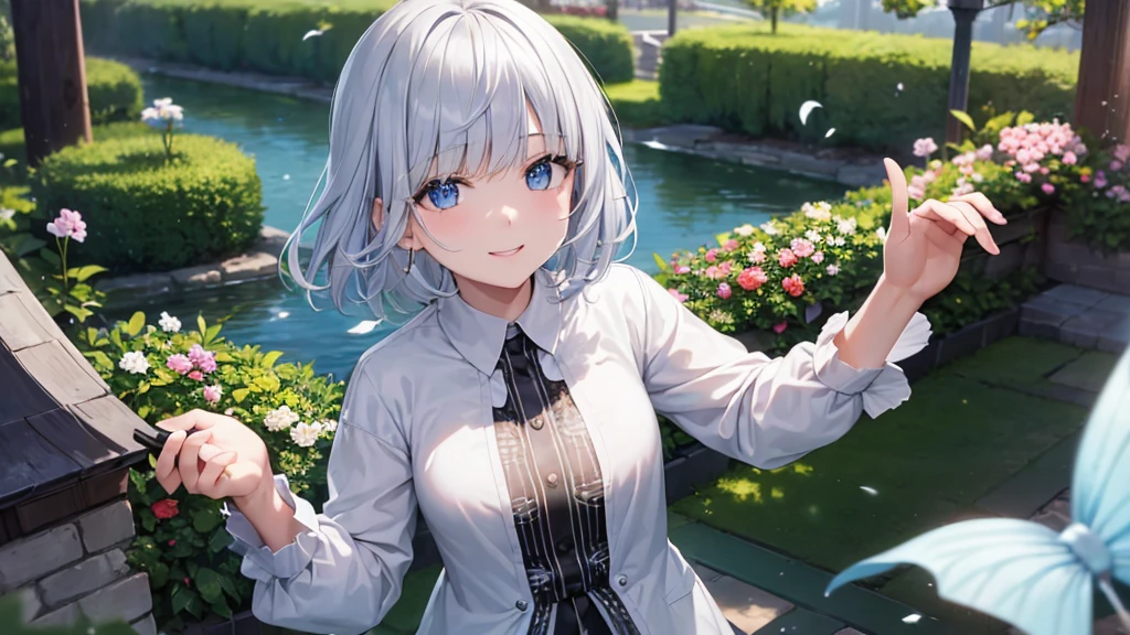 Ultra HD,Look at the viewers, Put your hands behind your back, With a girl, 20-year-old, 非常にShort Hair, Long bangs between the eyes, Pale blue eyes, Very detailed,(masterpiece、Highest quality),Gray Hair、Laughter、Fantastic, Silver Hair, Iris, Short hair、 Fluttering Hair、Small Face、明るいsmile、(Detailed face) ,Professional Lighting,Wonderful landscape,blue sky, sunlight,Looking down from above,Portraiture、Open your mouth、Flower Field、Her eyes were shining、Mysterious and enchanting atmosphere。With AI Painting、とてもShort Hair, Long bangs between the eyes, Very detailed,(masterpiece、Highest quality)、alone、Gray Hair、Fantasy, Silver Hair, Fantasyな風景、White shirt、smile、Open your mouth、short hair、Short Hair、hairpin、black eye、Grey Eyes、Beautiful Eyes、