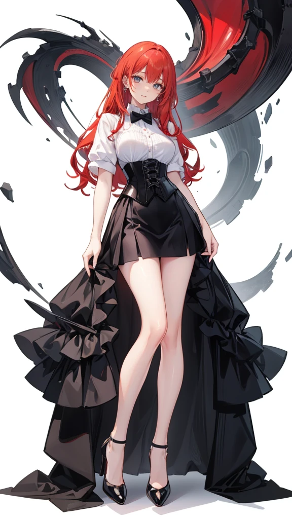 red Hair,long hair,Adult female,White Y-shirt,((Rolling up his sleeves)),(corset),(Black tight skirt),(High heels),Heels are visible,((Simple white background)),smile,((whole body)),((full body)),