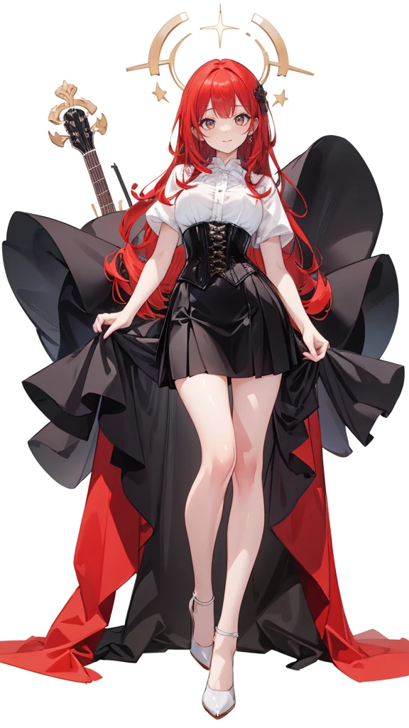 red Hair,long hair,Adult female,White Y-shirt,((Rolling up his sleeves)),(corset),(Black tight skirt),(High heels),Heels are visible,((Simple white background)),smile,((whole body)),((full body)),