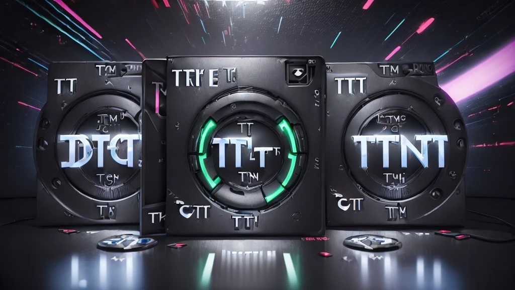 (DTG: 1.8), (DTG letters: 1.8), (Three letters: 1.8), DJ set, Music, cassette, CD Player, Futuristic device for music playing, Music reproducer, Lo-fi, writing, abstract, colorful, high resolution, high quality, neon colors, dark grey background, black grey grdient