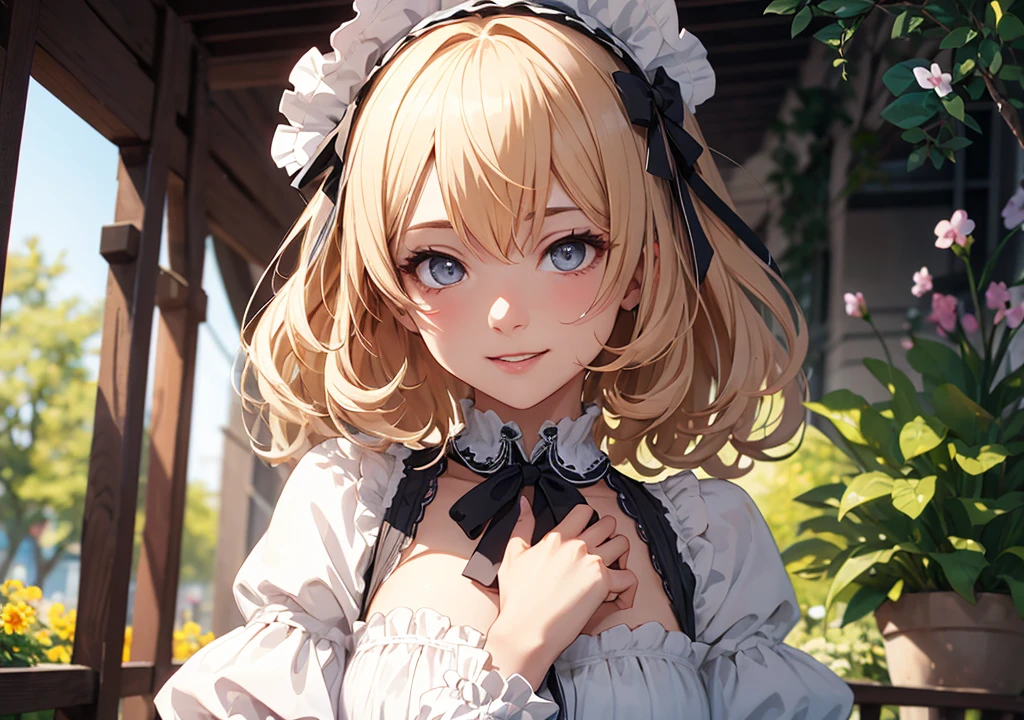 Realistic photos, Focus distance 10mm, Red and white, A big smile, Curly blonde hair, Beautiful girl, Realistic photos, Focus distance 10mmで撮影, masterpiece, 最high quality, high quality, Very detailed CG 8k wallpaper unit, Award-winning photography, Bokeh, Depth of written boundary, High resolution, bloom, chromatic aberration, Realistic, Very detailed, Art Station Trends, CGsociety Trends, Complex, High detail, dramatic, Art on the go, volumetric lighting, A beautiful girl dressed in a cute and frilly Lolita fashion outfit, posing in a whimsical garden