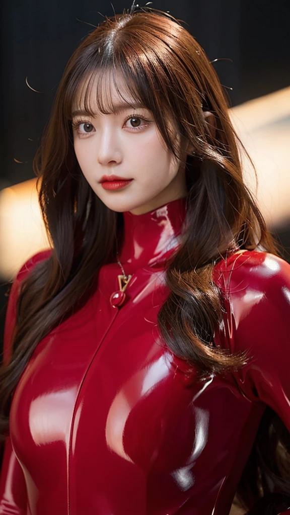 Beautiful body, Beautiful face, big breasts, long hair, Red shiny latex catsuit,BDSM style clothing.