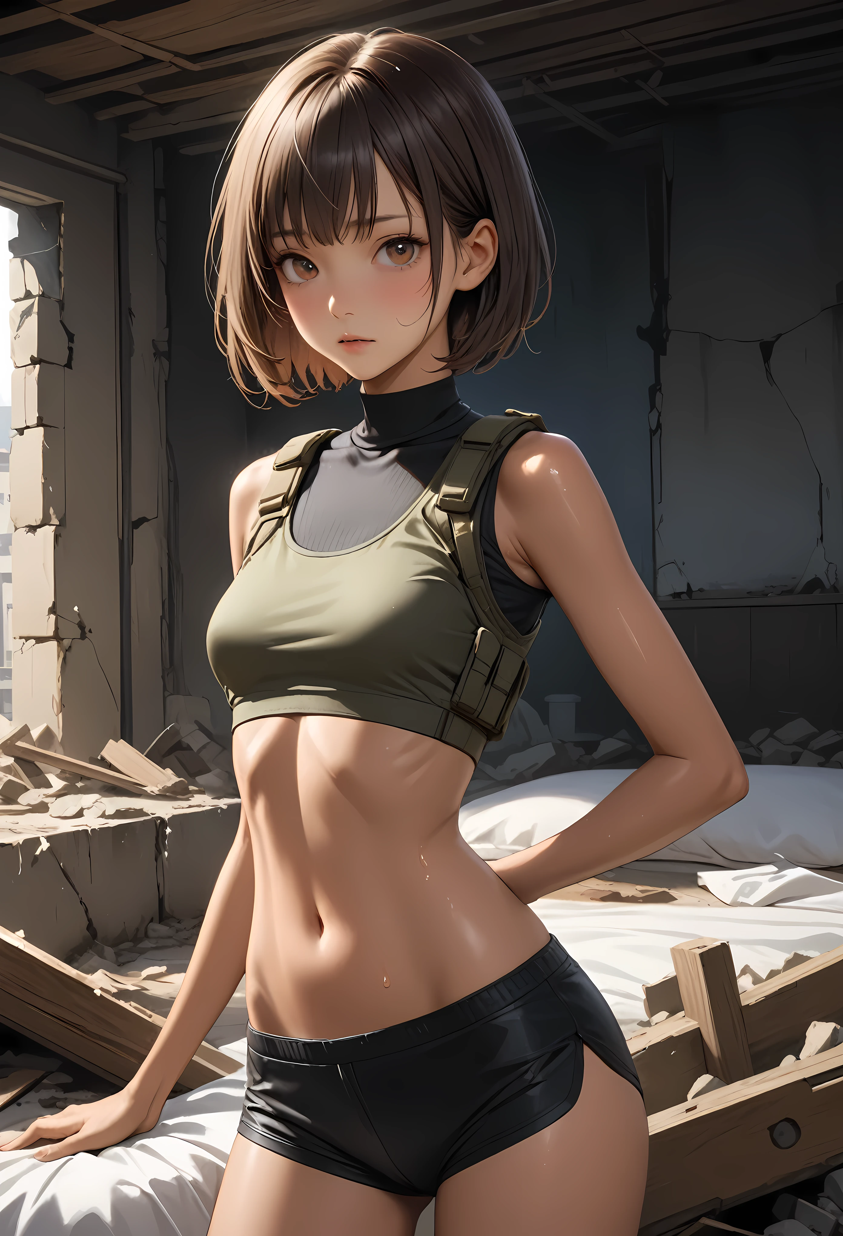 (masterpiece,Highest quality:1.3,best quality illustration,realistic),cowboy shot,1woman,30 year old Japanese beauty,Special Forces Female Soldier、((very small head:1.2)),brown short bob hair,bangs,brown eyes,gorgeous eyes,blush,small breasts,((very long body:1.2)),((toned body,slender body,skinny,tan skin)),(Black turtleneck、Short sleeve、Black tactical vest、Black shorts),gleaming skin,shiny skin,sweat,standing,Simple bed、Simple bedroom、Collapsed building、ruins、at night、