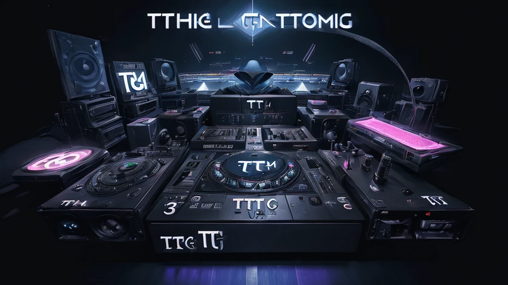 (DTG: 1.8), (DTG letters: 1.8), (Three letters: 1.8), DJ set, Music, cassette, CD Player, Futuristic device for music playing, Music reproducer, Lo-fi, writing, abstract, colorful, high resolution, high quality, neon colors, dark grey background, black grey grdient