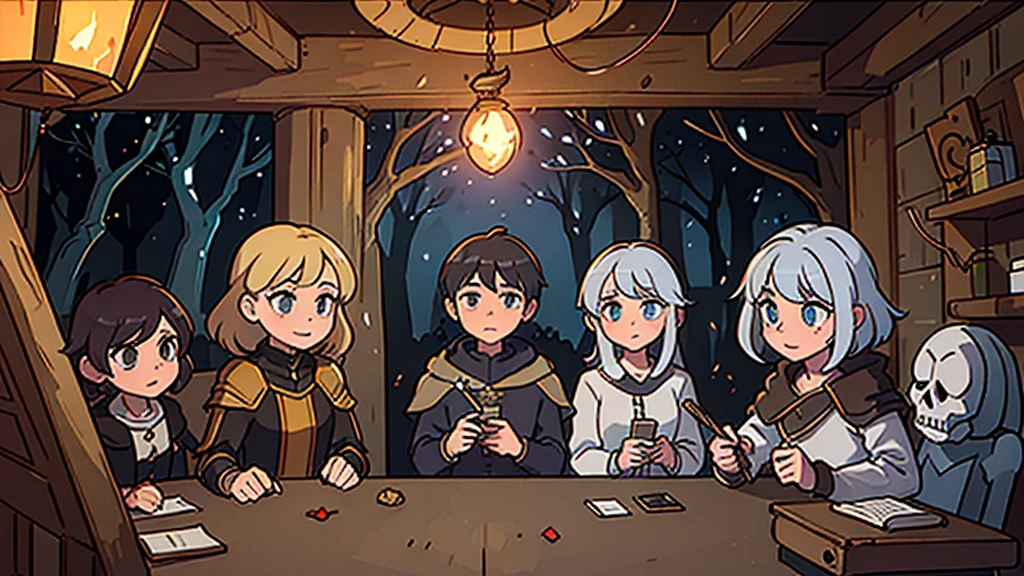 a knight, a ranger, a cleric, and a wizard exploring through a dungeon, fighting goblins and skeleton monsters