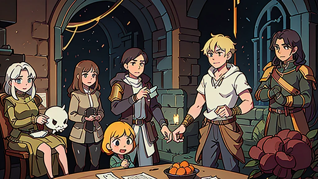 a knight, a ranger, a cleric, and a wizard exploring through a dungeon, fighting goblins and skeleton monsters