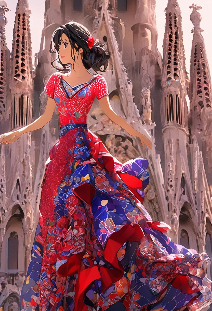 Highest quality、High resolution、Detailed Background、Beautiful Face、High detail、(Perfect Anatomy, Perfect Style)、(Detailed facial expressions)、(fine grain:1.2)、Teenage Beauty、((aerial view:1.5, shoot from behind:1.5, looking away)), The square in front of the Sagrada Familia、One Girl、, Cute black hair、Deep blue eyes、Braided Ponytail, Braided bob cut, ((Dancing flamenco in a ruby-red flamenco costume:1.5、Bright red high heels:1.5))、Dancing with all my heart in the midst of a sudden, strong downpour:1.5、 ((Suddenly freeze in a pose:1.5、Pose with hands together next to ears:1.5))、The halo shines and the raindrops shine brightly:1.5、 ((large breasts:1.2, pointy breasts:1.2, high breasts:1.2)),