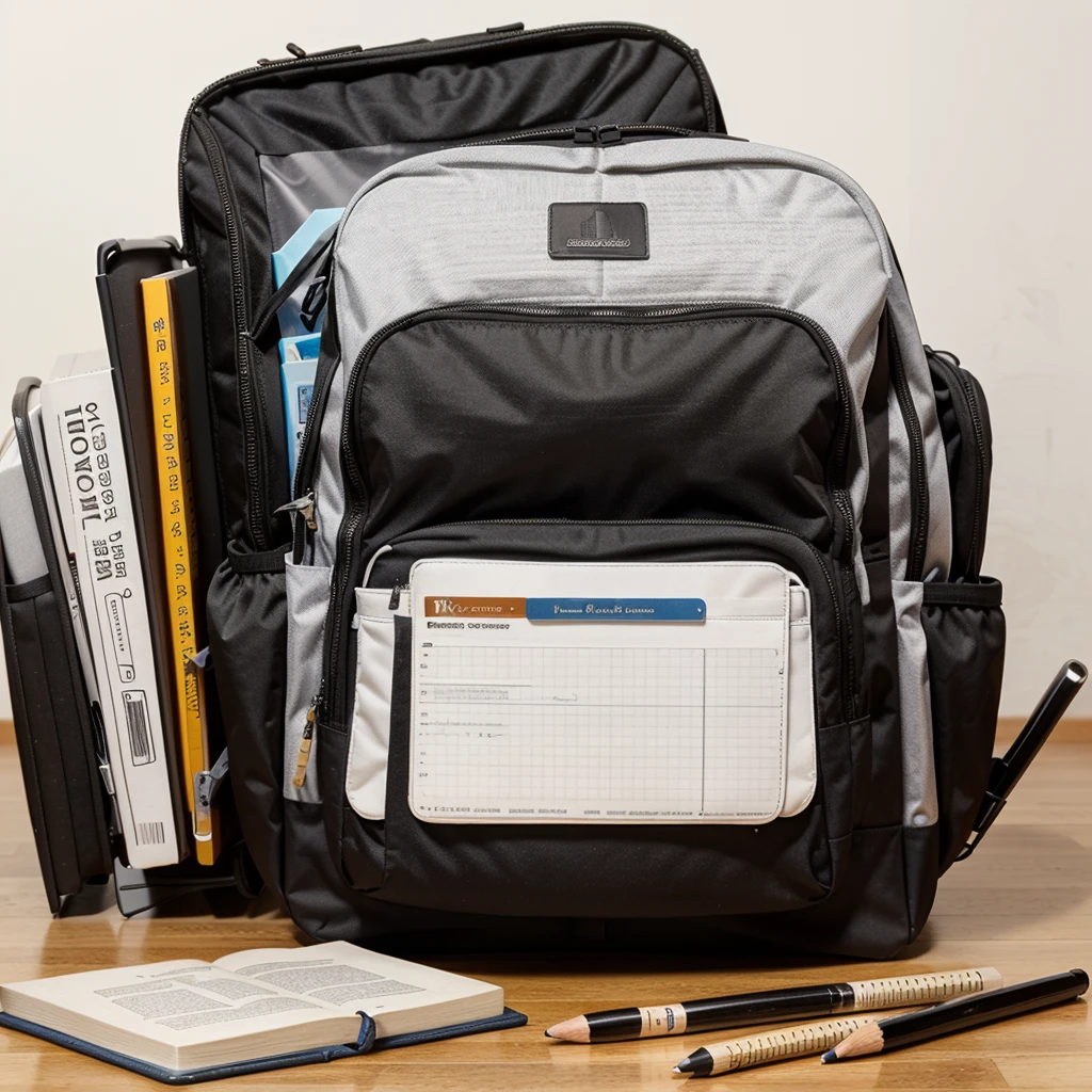 A detailed front view image of an open school backpack, with various books, notebooks, rulers, and pencils inside, high-resolution, photorealistic, background: 100% white