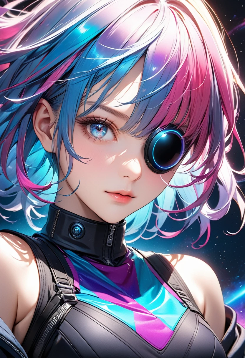 ([Eye patch:Expanding black hole:0.3], Swirling Galaxy, no gravity), Absurd aesthetics, 
BREAK Seamless Blend, holographic, Fantastic iridescent colors, cyber punk, 
BREAK Ultra-realism, Detailed and realistic skin texture, Detailed and intricate texture, Detailed and intricate brushwork, Detailed and clear depiction, Anatomically correct, Absurd aesthetics, 
BREAK A dark background that makes the subject stand out, 
BREAK Dramatic Cinematic Lighting, 
BREAK A powerful and bold composition, 
Transparent Full color, 
Dynamic face shot, 
BREAK Re-drawing into a clear and vivid work, highest quality render, Highest quality, Highest Resolution, 
Transparent Full color, Ultra-Realistic, 
