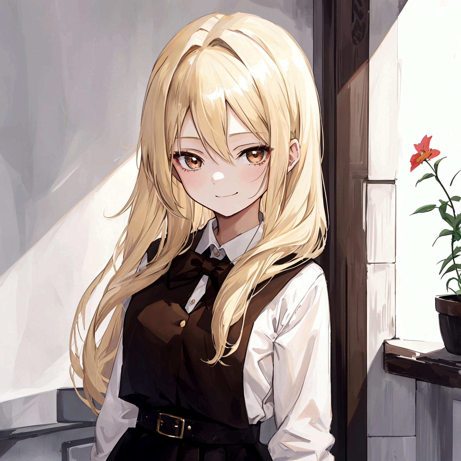Portrait, 1girl, 18 years old, blond hair, brown eyes, smirk, looking at viewer, white shirt, black skirt.
