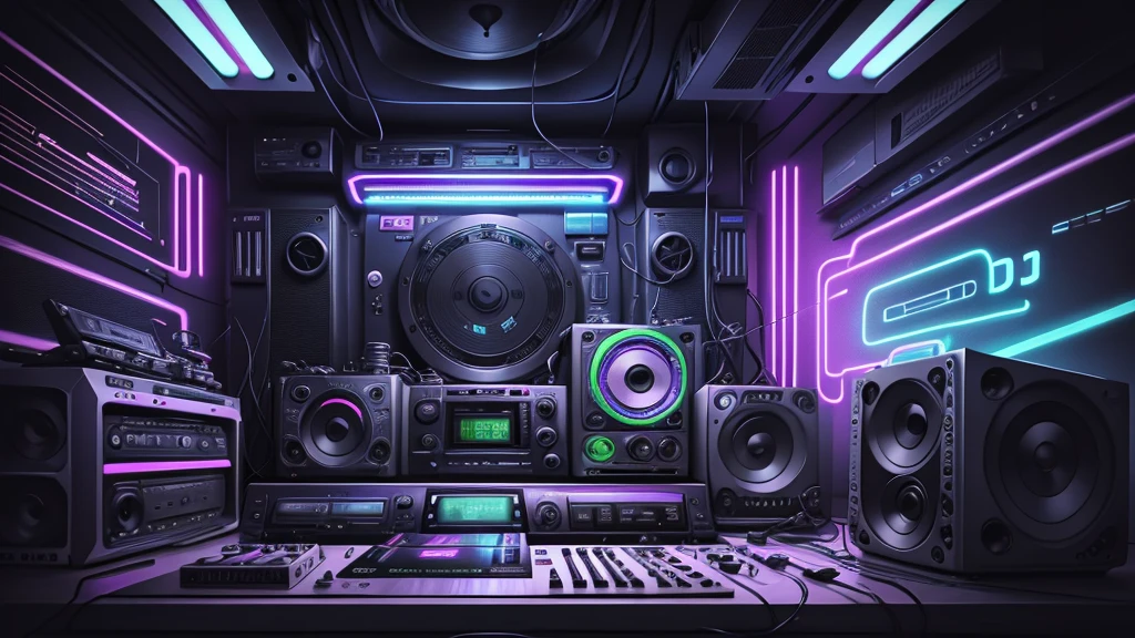 DJ set, Music, cassette, CD Player, Futuristic device for music playing, Music reproducer, Lo-fi, writing, abstract, colorful, high resolution, high quality, neon colors, dark grey background, black grey grdient