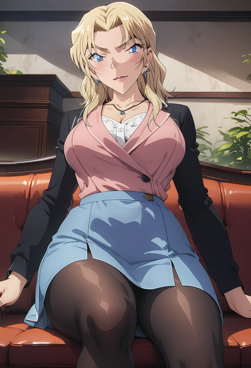 (masterpiece, best quality:1.2), ((Extremely detailed)), high resolution, Anime style , photo, photography, Detailed background,1. Beautiful woman Lei Dianming, (Pantyhose), boots,Cowboy shooting, Looking at the audience,A faint smile, earrings, skirt, Necklace, Vest, Cross your legs, From below, On the sofa, Windows, living room,Anime style，blond