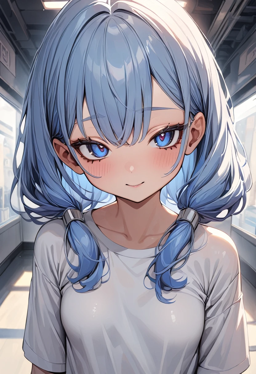 (masterpiece, top quality, very aesthetic, super detailed), intricate detail, 1girl,stand、upper body:1.3、
kind eyes、tareme:1.4,Hollow Eyes:1.3、Cute Face、blue hair:1.5、middle hair,sidelock :1.4,,blue eyes:1.2、clear face、solo、white chromium,small breasts,Slim Body、JK