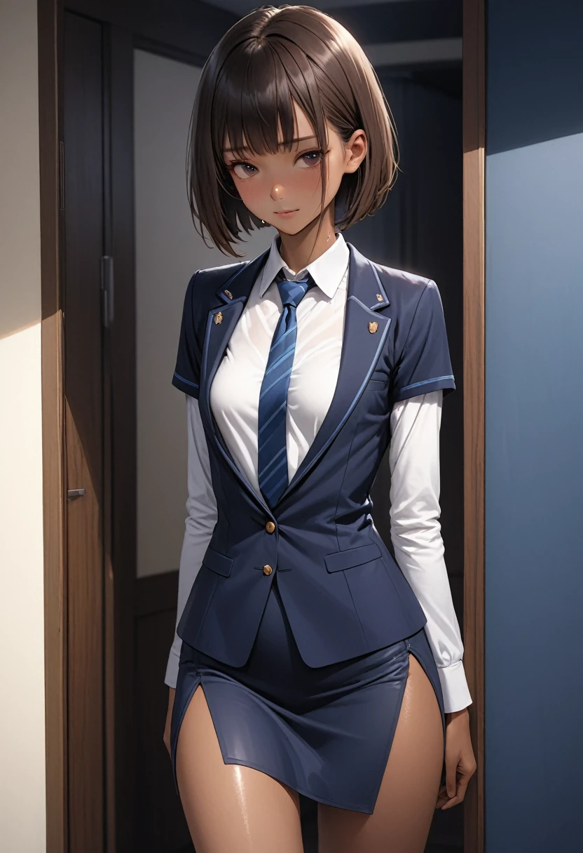 (masterpiece,Highest quality:1.3,best quality illustration,realistic),cowboy shot,1woman,20 year old Japanese beauty,((very small head:1.3)),brown short bob hair,bangs,brown eyes,gorgeous eyes,shy,smile,small breasts,((very long body:1.3)),((toned body,slender body,skinny,tan skin)),(navy uniform、Dark blue blazer jacket、White Shirt、Navy blue tie、Navy blue tight skirt),gleaming skin,shiny skin,sweat,standing,Bedroom、Naval Base、