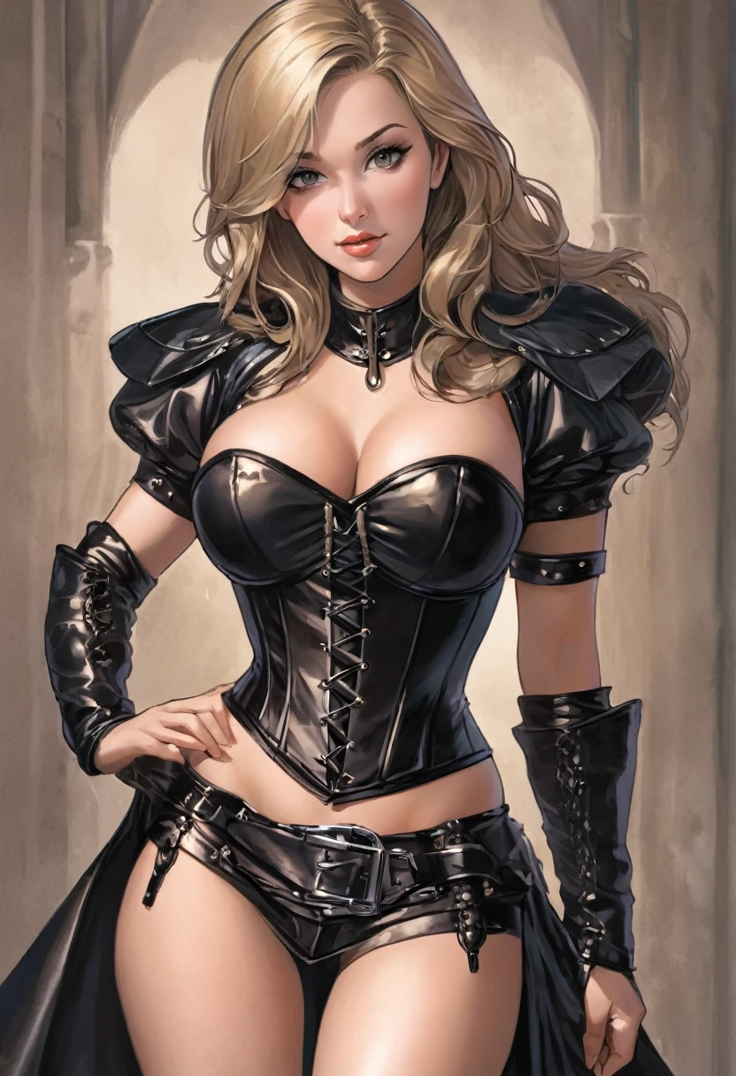 Isolde, who joined them later, dressed in a tight leather corset, the material barely covered her nipples, when he laced her torso. Leather skirt, cut high and short, left little to the imagination, revealing toned thighs and the promise of, what lay between them. (Nude:1.0)