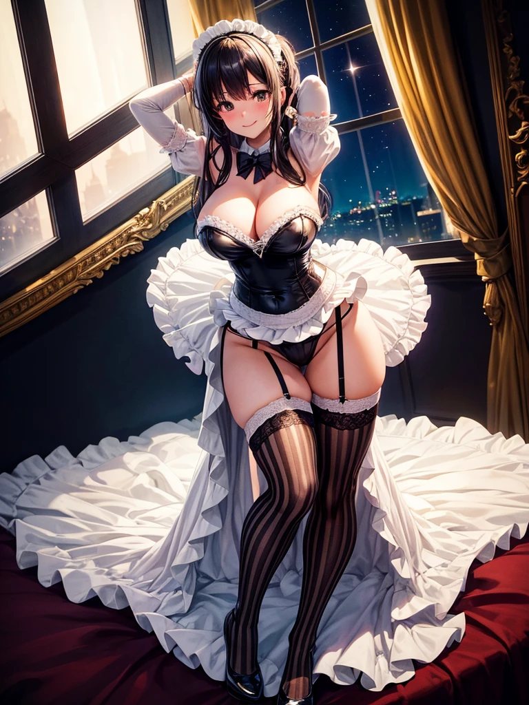 Highest quality,Highest Resolution,Beautiful girl with a smile in a super high leg maid leotard,Big Breasts,Striped knee-high stockings,Frills,garter belt,Bedroom,Night view outside the window,Standing posture,front,whole body,Place your hands behind your head.,