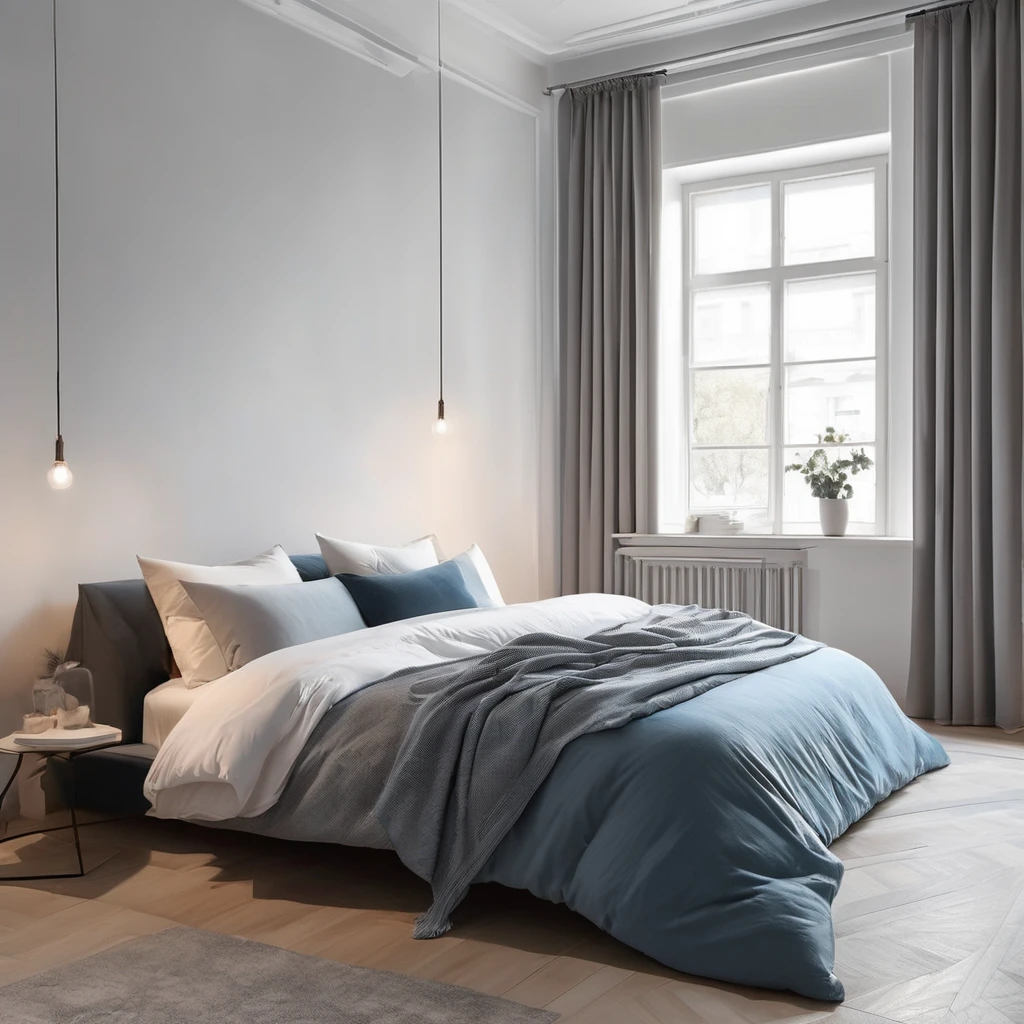 there is a bed with a blanket on it in a room, cozy bed, minimalistic and beautiful, natural light in room, pristine and clean design, small bed not made, soft grey and blue natural light, serene bedroom setting, clean and pristine design, white bed, un made bed, minimalistic design, bedroom background, in a bedroom, cozy and calm