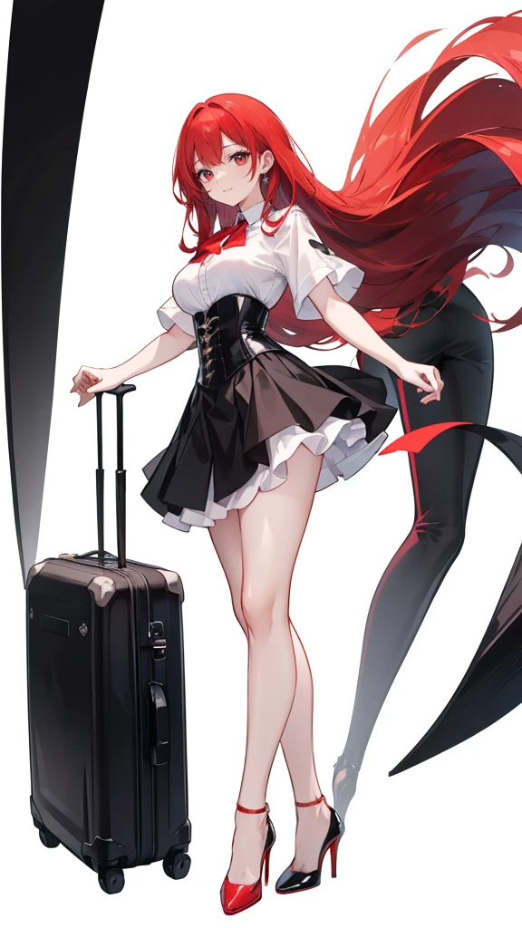 red Hair,long hair,Adult female,White Y-shirt,((Rolling up his sleeves)),(corset),(Black tight skirt),(High heels),Heels are visible,((Simple white background)),smile,((whole body)),((full body)),