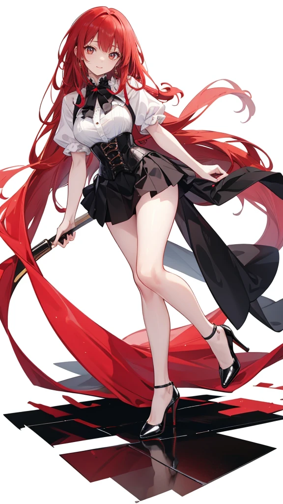 red Hair,long hair,Adult female,White Y-shirt,((Rolling up his sleeves)),(corset),(Black tight skirt),(High heels),Heels are visible,((Simple white background)),smile,((whole body)),((full body)),