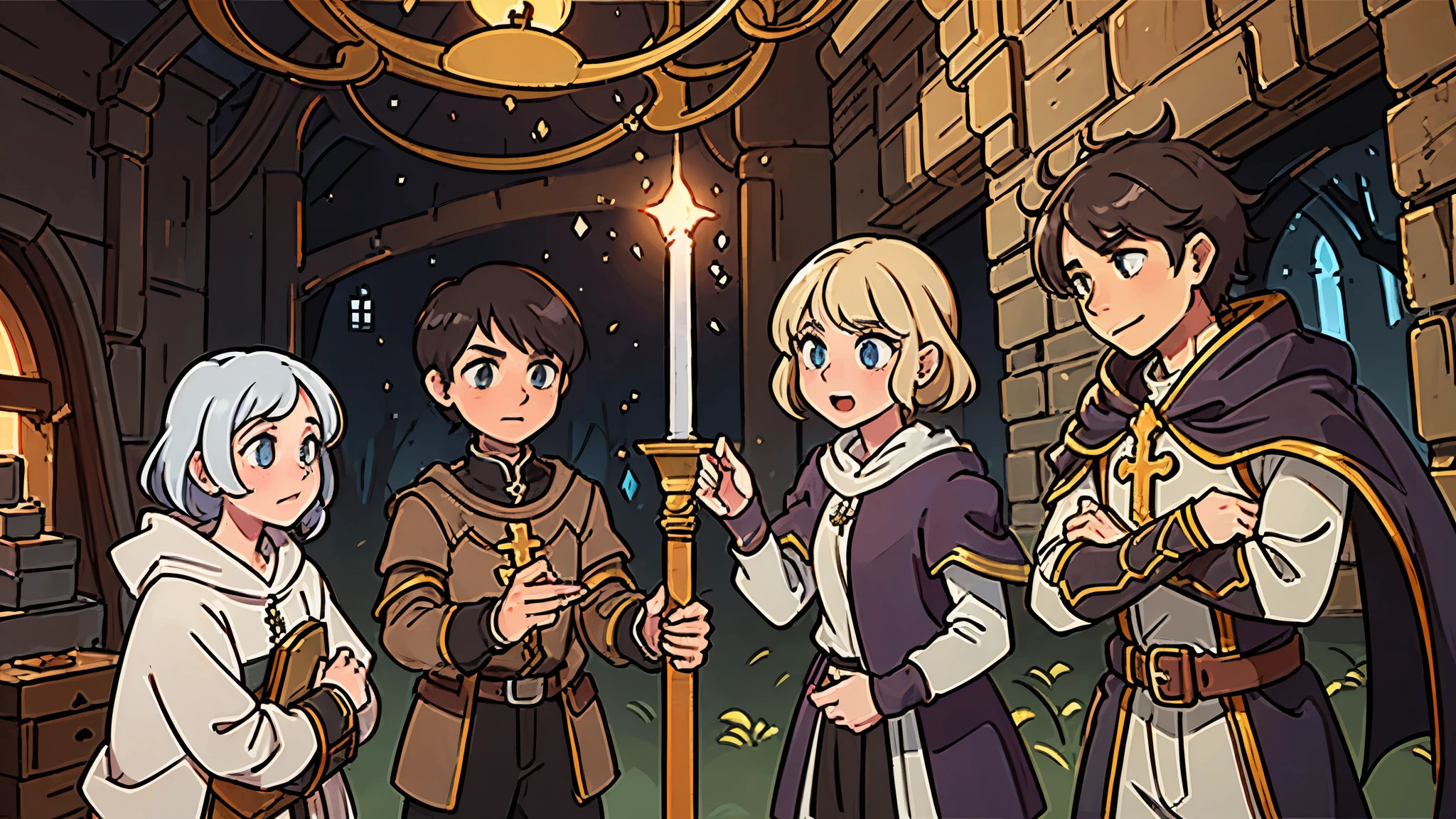 a knight, a ranger, a cleric, and a wizard exploring through a dungeon, fighting goblins and skeleton monsters