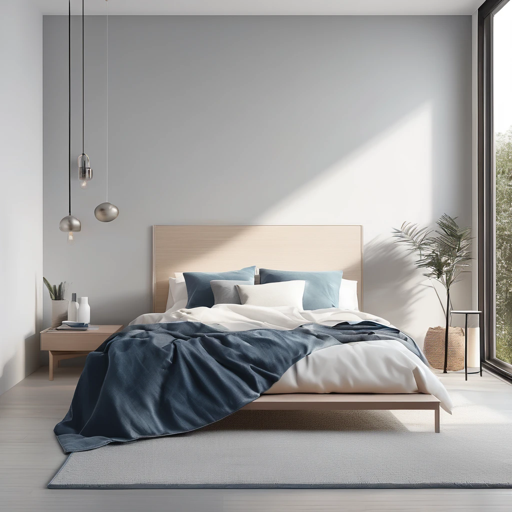 there is a bed with a blanket on it in a room, cozy bed, minimalistic and beautiful, natural light in room, pristine and clean design, small bed not made, soft grey and blue natural light, serene bedroom setting, clean and pristine design, white bed, un made bed, minimalistic design, bedroom background, in a bedroom, cozy and calm