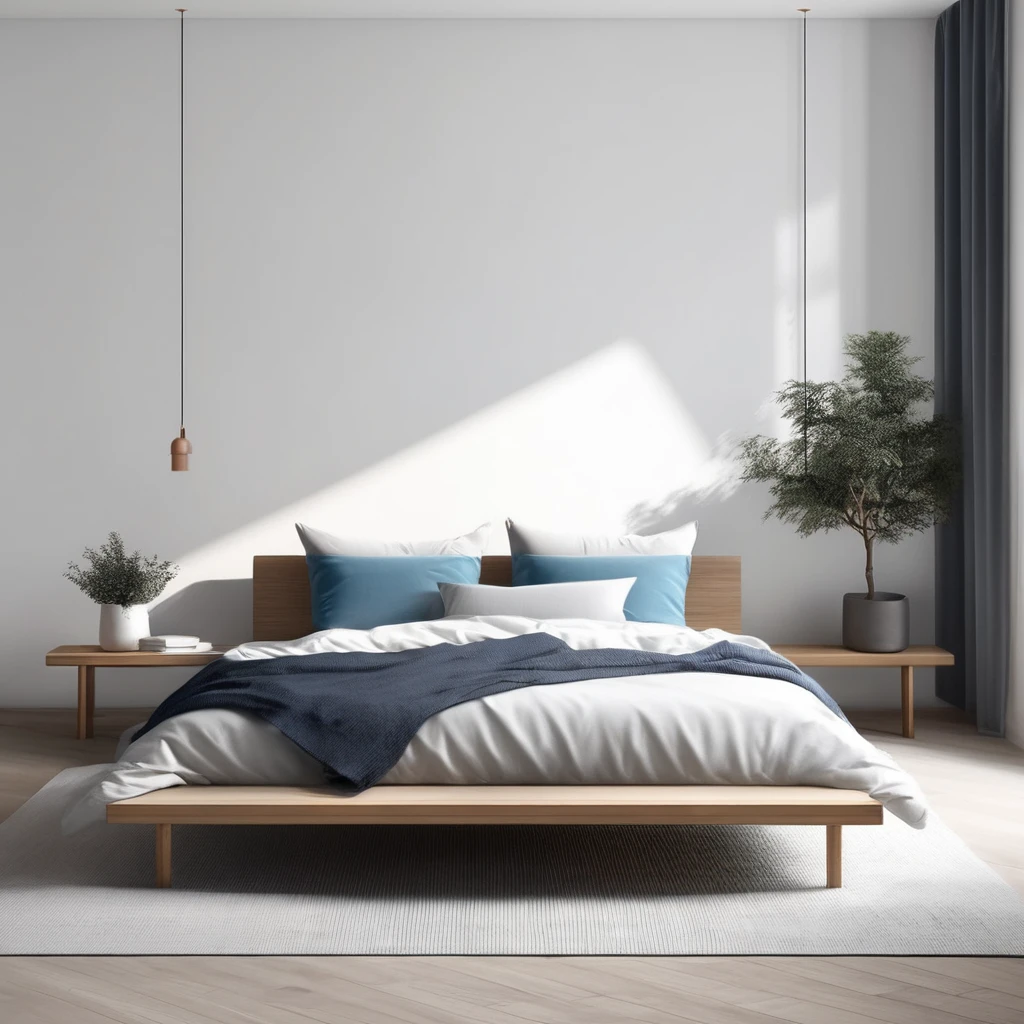 there is a bed with a blanket on it in a room, cozy bed, minimalistic and beautiful, natural light in room, pristine and clean design, small bed not made, soft grey and blue natural light, serene bedroom setting, clean and pristine design, white bed, un made bed, minimalistic design, bedroom background, in a bedroom, cozy and calm