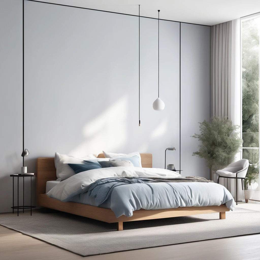 there is a bed with a blanket on it in a room, cozy bed, minimalistic and beautiful, natural light in room, pristine and clean design, small bed not made, soft grey and blue natural light, serene bedroom setting, clean and pristine design, white bed, un made bed, minimalistic design, bedroom background, in a bedroom, cozy and calm