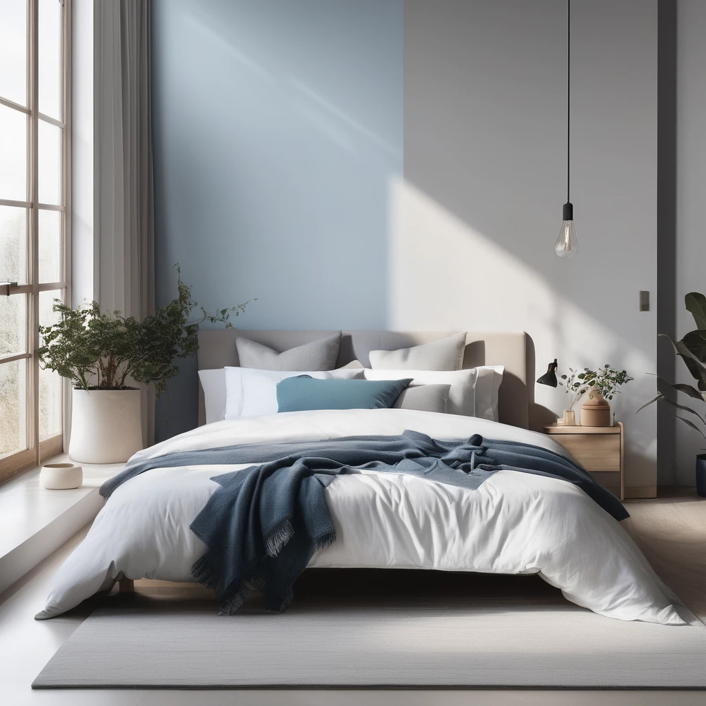 there is a bed with a blanket on it in a room, cozy bed, minimalistic and beautiful, natural light in room, pristine and clean design, small bed not made, soft grey and blue natural light, serene bedroom setting, clean and pristine design, white bed, un made bed, minimalistic design, bedroom background, in a bedroom, cozy and calm