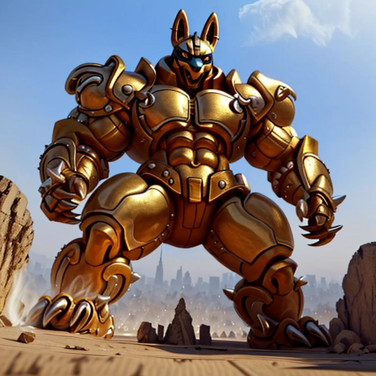 (Solo. masterpiece. official art. 8k. best quality. detailed full body. full body.)
(situation 1 : dominating Shiny_Mega_Lucario. focus GIANT mechanical Muscular Shiny_Mega_Lucario is trampling the CITY. macro. stomp. Low-angle perspective. emphasizing the immense size. The perspective is from below, emphasizing the sheer majesty and power of the Giant. giant art. He is much bigger than a skyscraper. Giga Giants. micro soccer field. looking down.)

(situation 2 :smoke and flames rising from the destruction in the city)
(Additional details 1: wearing a full-face helmet. golden armor. high-tech bio-mecha armor. real texture material. Armored_Flazzard).

(Additional details 2: (Detailed head. Detailed Body. Detailed abs. gigantic muscles. HYPER MUSCLES. Gigachad Muscular. big muscle. pecs. triceps. traps. unusually developed muscular body. body full of huge muscles. showing off muscles. pectorales enormes. Exaggeratedly huge muscles. huge muscles. long legs.).

(Additional details 3: nj5furry, Spread wings. It has wings. golden have big wings. The claws are sharp. Sharp teeth.). 