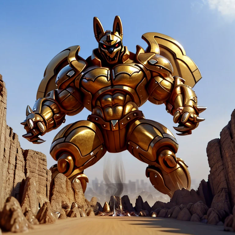 (Solo. masterpiece. official art. 8k. best quality. detailed full body. full body.)
(situation 1 : dominating Shiny_Mega_Lucario. focus GIANT mechanical Muscular Shiny_Mega_Lucario is trampling the CITY. macro. stomp. Low-angle perspective. emphasizing the immense size. The perspective is from below, emphasizing the sheer majesty and power of the Giant. giant art. He is much bigger than a skyscraper. Giga Giants. micro soccer field. looking down.)
(situation 2 :smoke and flames rising from the destruction in the city)
(Additional details 1: wearing a full-face helmet. golden armor. high-tech bio-mecha armor. real texture material. Armored_Flazzard).
(Additional details 2: (Detailed head. Detailed Body. Detailed abs. gigantic muscles. HYPER MUSCLES. Gigachad Muscular. big muscle. pecs. triceps. traps. unusually developed muscular body. body full of huge muscles. showing off muscles. pectorales enormes. Exaggeratedly huge muscles. huge muscles. long legs.).
(Additional details 3: nj5furry, Spread wings. It has wings. golden have big wings. The claws are sharp. Sharp teeth.).