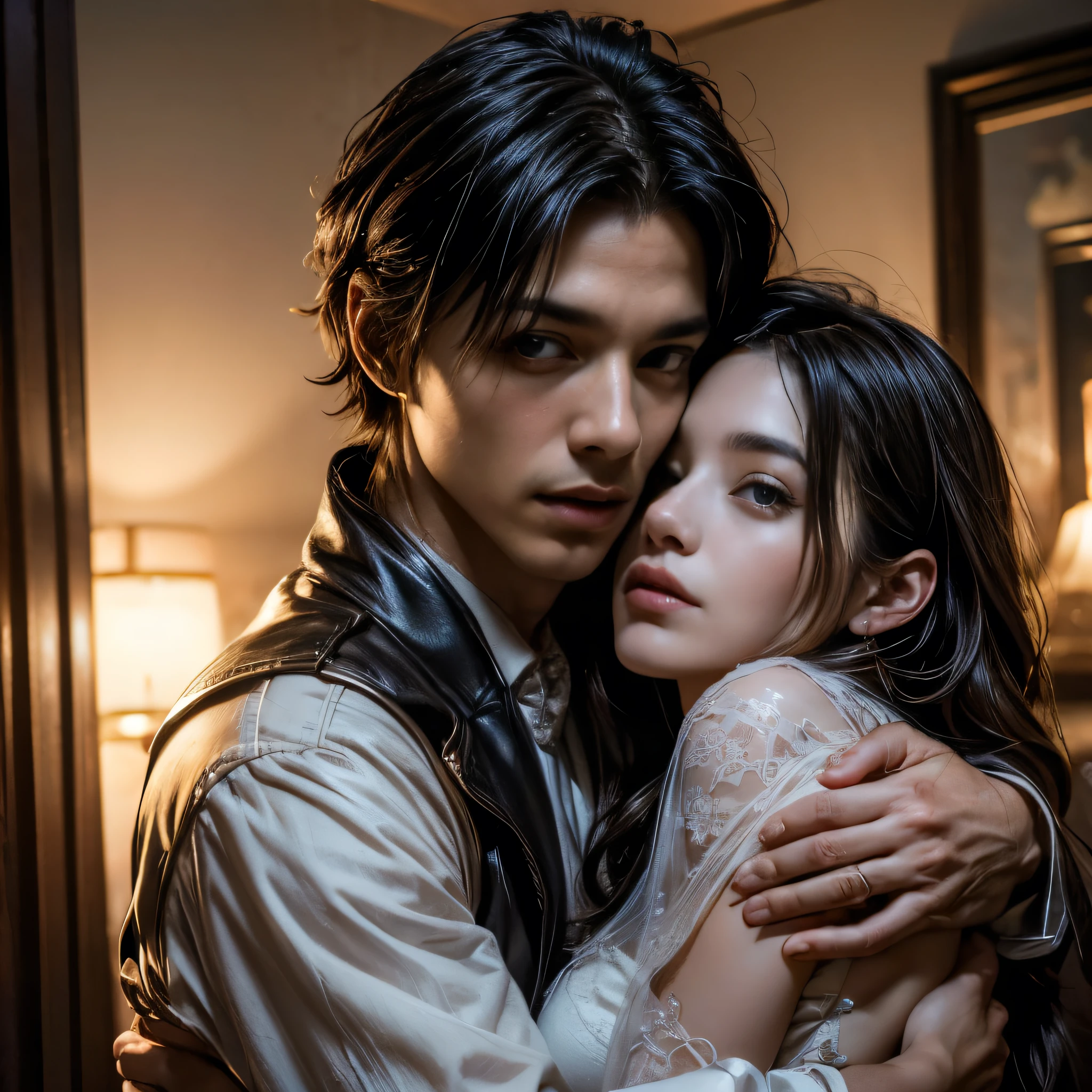 romantic farmhouse、beautiful detailed eyes、beautiful detailed lips、非常に詳細な顔とportraite、Elegant and stylish couple、passionate hug、romantic scenery、Soft dream lighting、film composition、Warm Color Palette、(highest quallity、4K、8K、high resolution、work of art:1.2)、super verbose、(realisitic、フォトrealisitic、フォトrealisitic:1.37)、portraite、romance