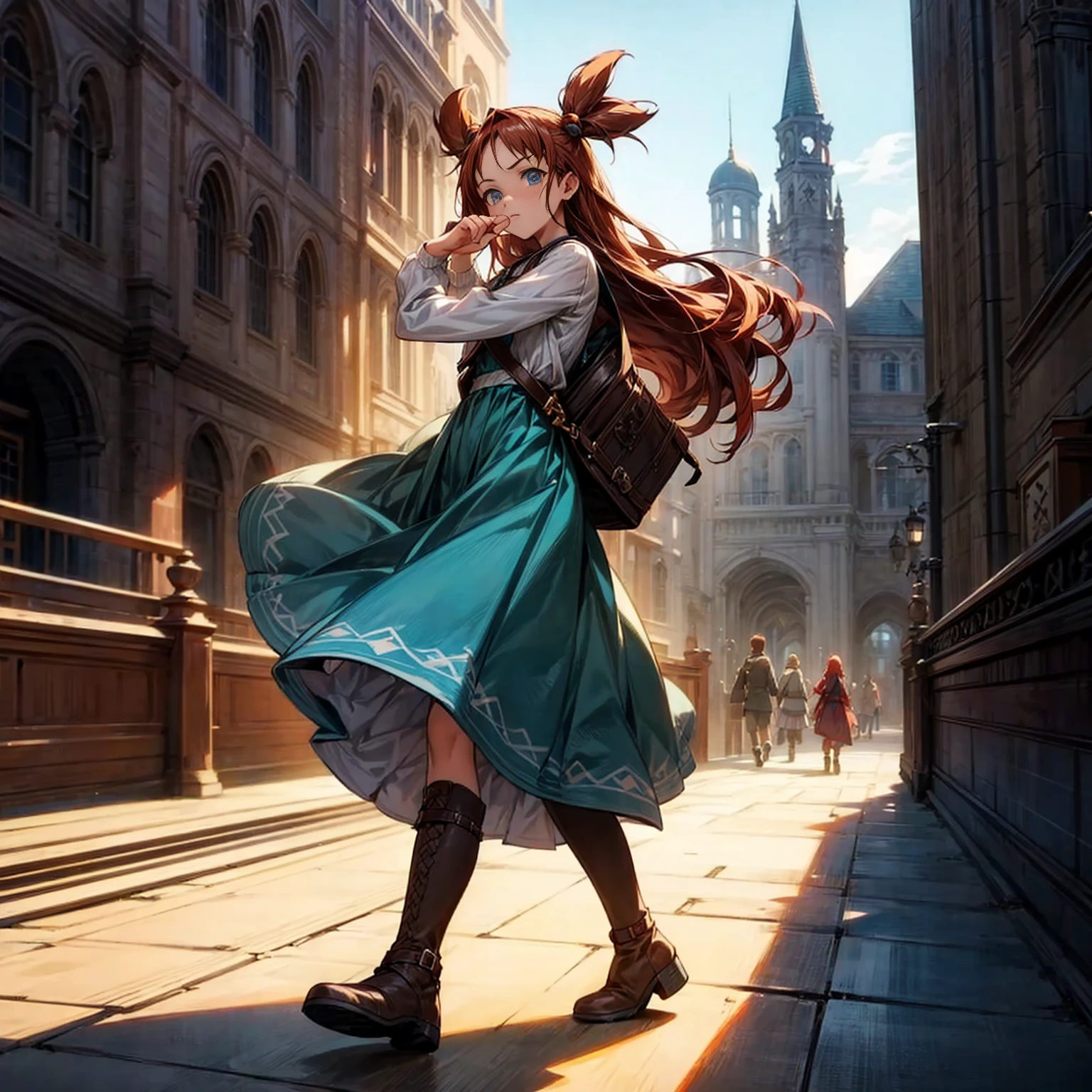 1, standing gesture, full body version, 1character, blue eyes, dark red colour hair, long layers hairstyle, bohemian clothing style, long skirt, brown ransel, boots, Grassroots background in town square, motion blur, shadow, (Hunter x Hunter style art)