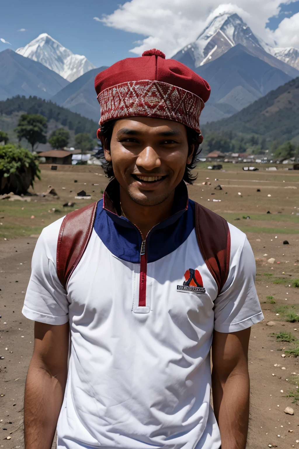 Nepali man wearing nepali dhaka topi standing near mountain Kailash smiling