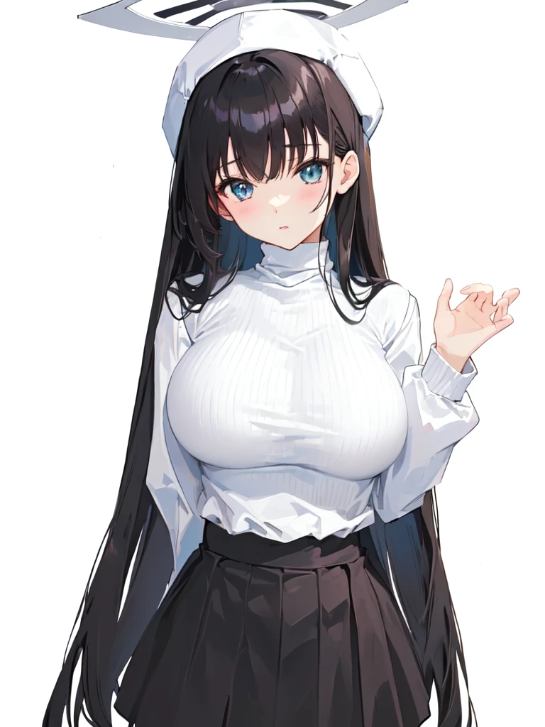anime girl, long hair,  in a white turtleneck,huge breasts,anime style
