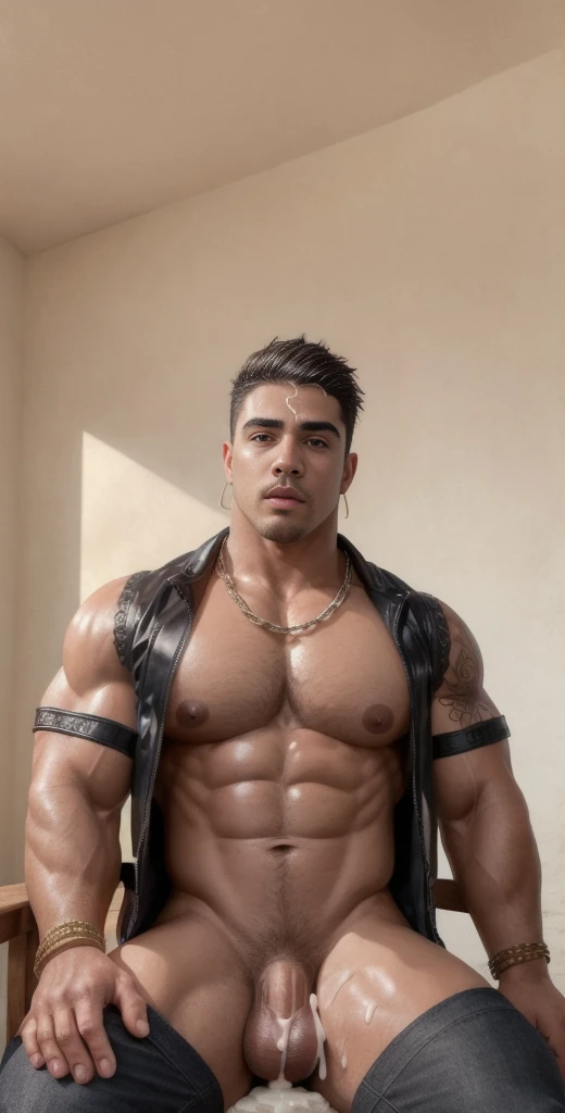 (masterpiece, intricately detailed, highest resolution, best quality:1.2), (doujin), a cocky Maserati Instagram influencer, a 24 y.o muscle stud with a muscular physique sitting on a chair with black eyes,full-body tattoo, dark-skinned male, clean shaven, wearing a ((open jacket, big chains, chav, armbands)), ((excessive cum)) ((cum on body)) (cum drip), flaccid penis,saggy balls,hairy chest,vascular,muscle striations,soft light,fantastic realism, ((colth))