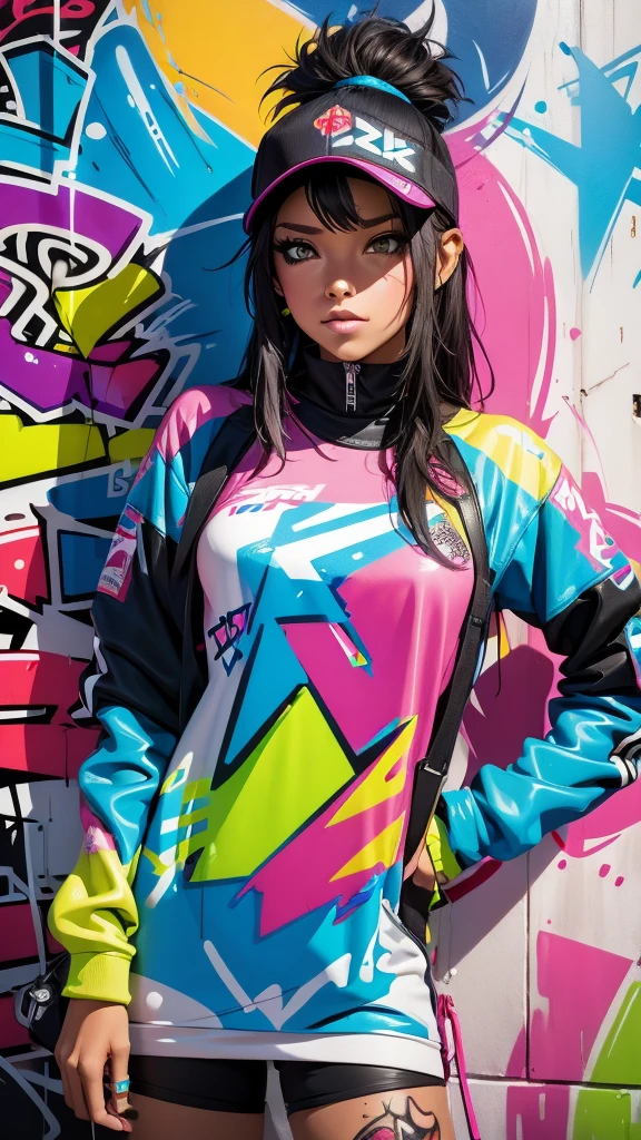 (best quality), (high detail), (vivid colors), (graffiti style), (freestyle), (Close up), (1girl), young sexy female graffiti artist, spraying graffiti on a wall painted with street art, HDR, 8K, 3D, graffiti art style.