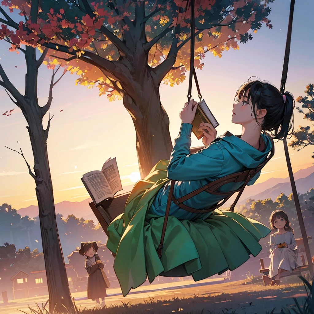 a girl sitting on a swing reading a book at dusk, real movie scene, reading a book, reading under a tree, movie screenshot, real movie scene, opening scene, movie promotional photo, movie screenshot, the aesthetics of storytelling, children's literature, movie screenshot, magical scene