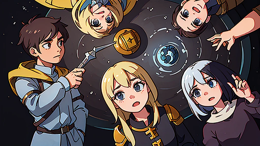 a knight, a ranger, a cleric, and a wizard preparing for a dungeon adventure. Master quality. Clear eyes