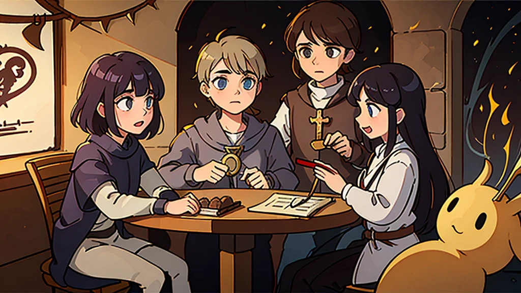 a knight, a ranger, a cleric, and a wizard preparing for a dungeon adventure. Master quality. Clear eyes