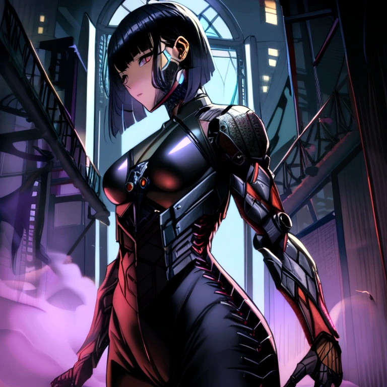 Beautiful cyborg warrior woman in rusty magic style, cyberpunk rise, Cyber Software, ciborg, carbon fibers, cromar, Implants, metal skull, Cybernetic plate armor, (dark atmosphere:1.2), (fog & Smoke billowing), (It's dark night:1.3), The scars, (medium length shaggy dark hair:1.1), (eye shadows:1.1), (beautifully detailed glitter:1.2), (cinematic lighting), intricate details, A high resolution, rounded eyes, Detailed facial features, sharp focus, seeds, aesthetic, Detailed dark industrial plant background, ELEGANT POSE, dynamicposes, (dramapaint)