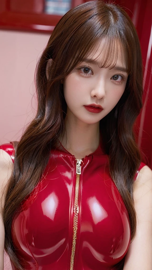 Beautiful body, Beautiful face, big breasts, long hair, Red shiny latex catsuit,BDSM style clothing.naked.