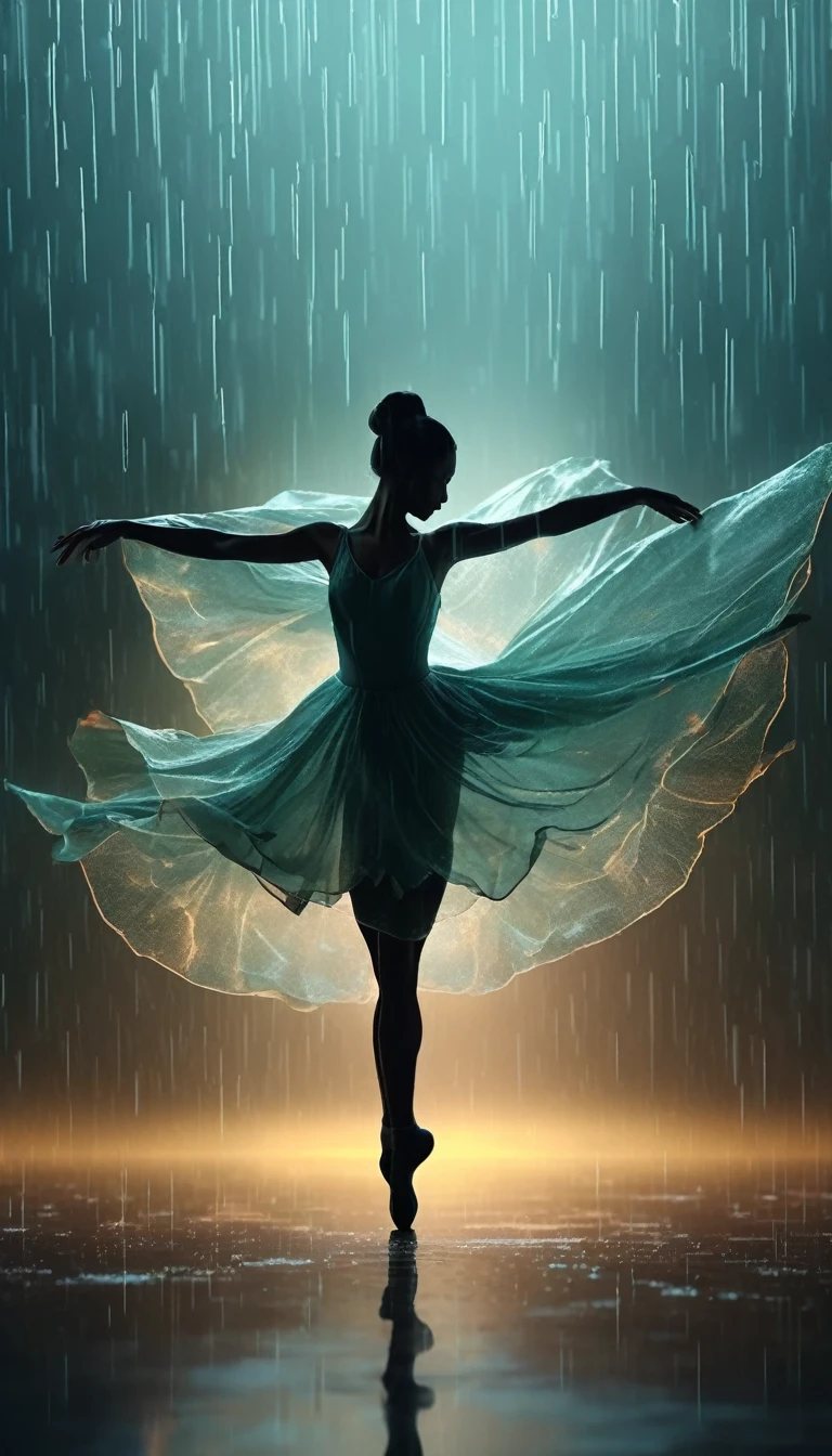 The silhouette of a ballet dancer gradually formed by the rain， 红色background, Digital Art Style, Simple lines，Silhouette of a ballet dancer dancing beautifully from above, 暴雨 dancing with the light Simple lines, Silhouette Art, background, illustration, 暴雨background, cartoon, 纯色background, texture, lotus, Warm atmosphere, Mysterious feeling, Dancing in the heavy rain, A style that displays waterspouts and light，Double Exposure，reflection