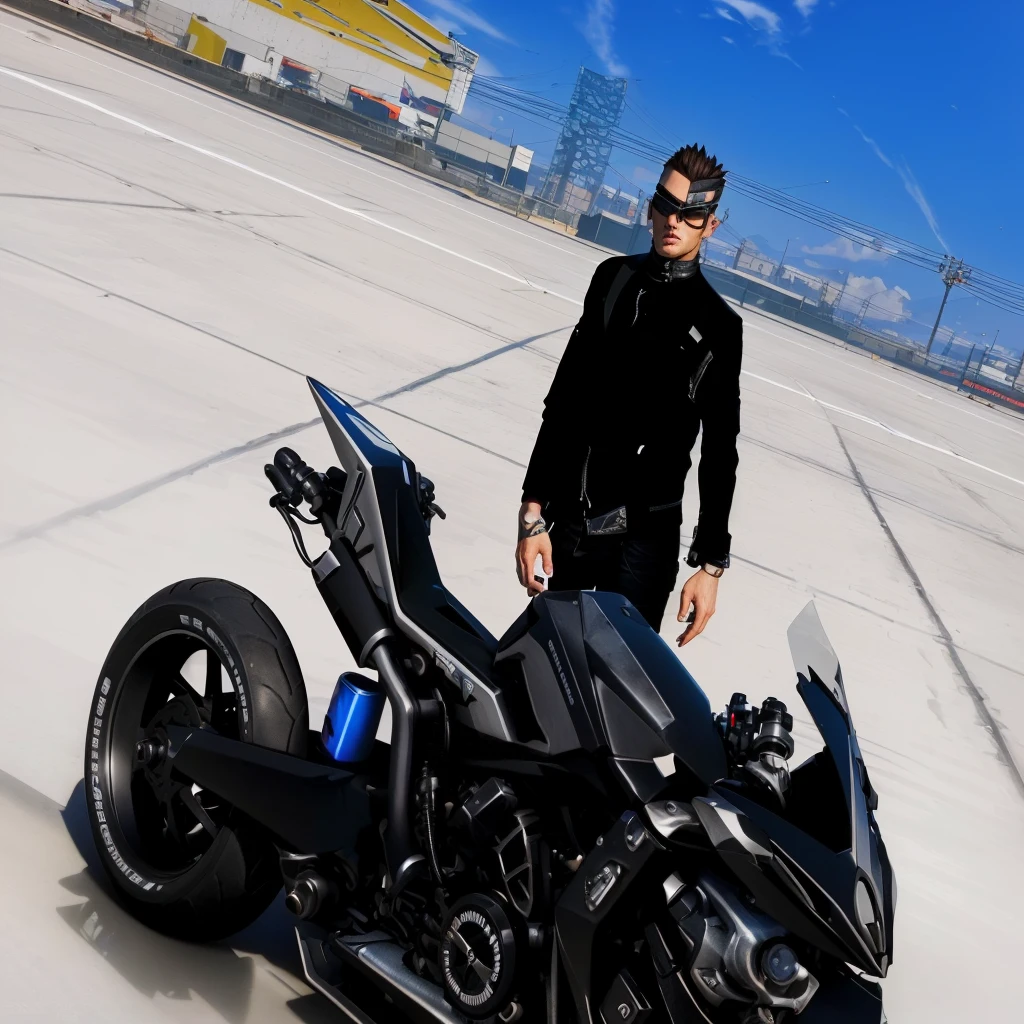 there is a man standing next to a motorcycle on a runway, sitting on cyberpunk motorbike, 3 d render of jerma 9 8 5, motorbiker, riding a futuristic motorcycle, sitting on a motorcycle, motorcycle, style of gta v, as a character from gtav, mk ninja, black octane render, gta character, style of gta v artworks