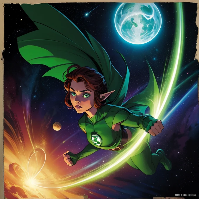 A captivating piece of pop art by artist Cepriu, featuring a seductive Green Lantern elf flying through space. The illustration has a vintage comic book feel, with the lovely elf looking at the viewer, displaying a luminescent Green Lantern ring on her finger, her fist clenched and leaving a trail of swirling green energy in her wake. The background shows the vastness of space, with a distant Earth visible. This work combines elements of illustration, typography, poster design and painting to create a dark fantasy masterpiece., typography, illustration, painting, poster, dark fantasy