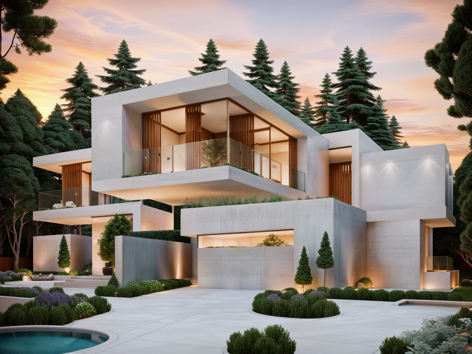 The MODERN HOUSE is located on the upper hill, (curly pathway in front of the house), white wall, concrete, glass windows, wood ceilings, (lighting in the garden), ((big front yard)), court outside, rocky, in the middle Fall of pine forest, ((SUNSET))